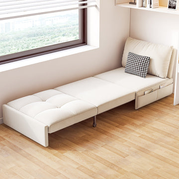 Beige Velvet Single Seat Sofa Bed with Side Pockets & Pullout Function